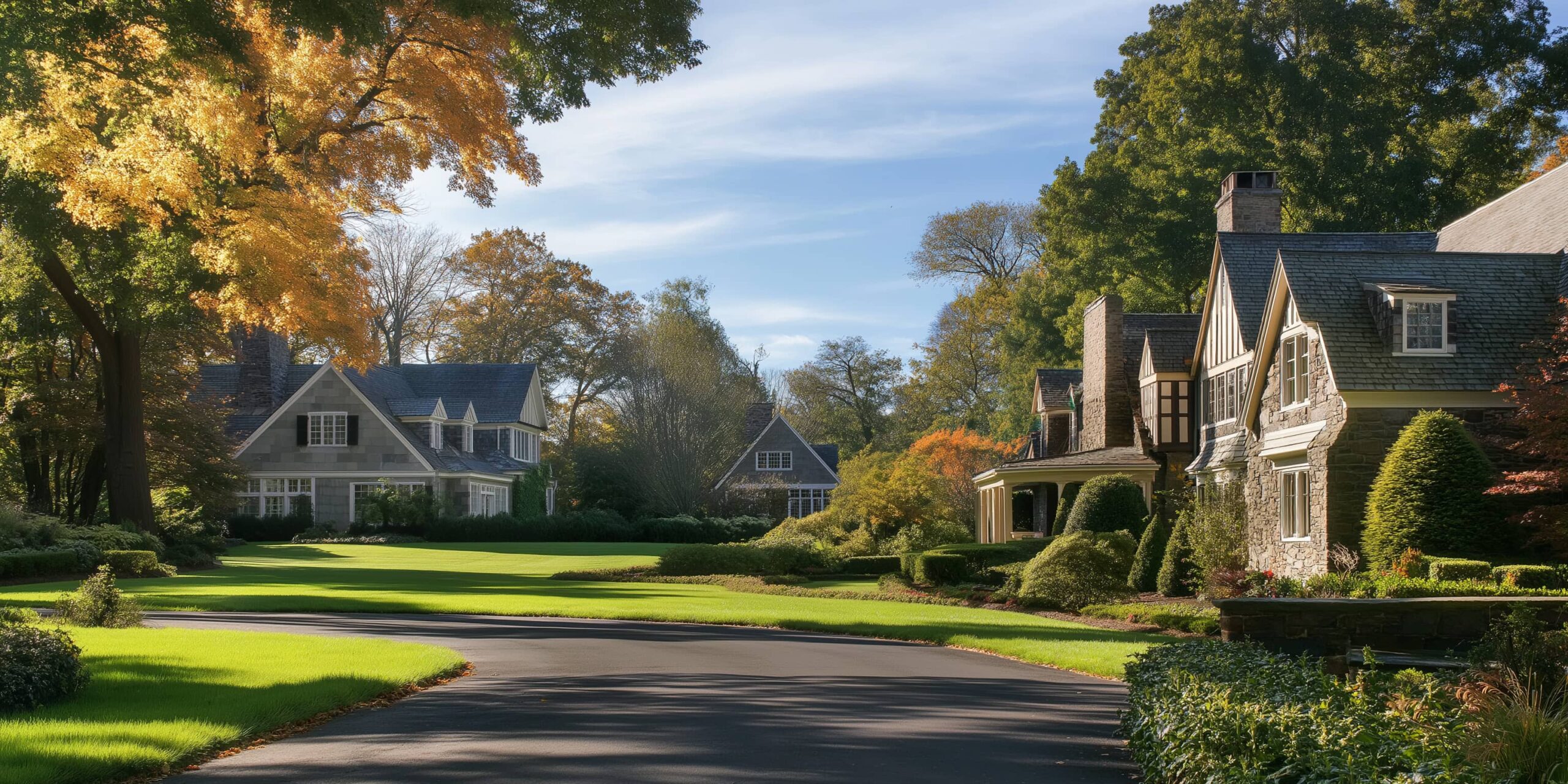 Real estate, suburban street with houses, green lawns, trees, and a blue sky with a few clouds.